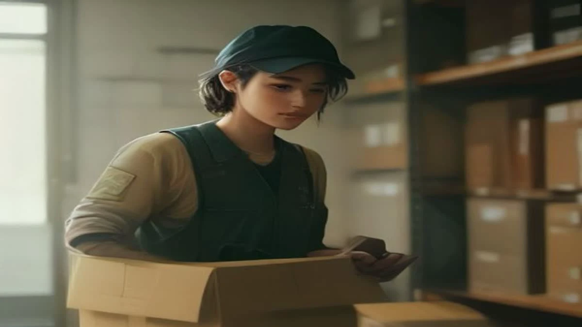 medium shot of a courier scanning a parcel at a bright logistics counter, overcast diffused light